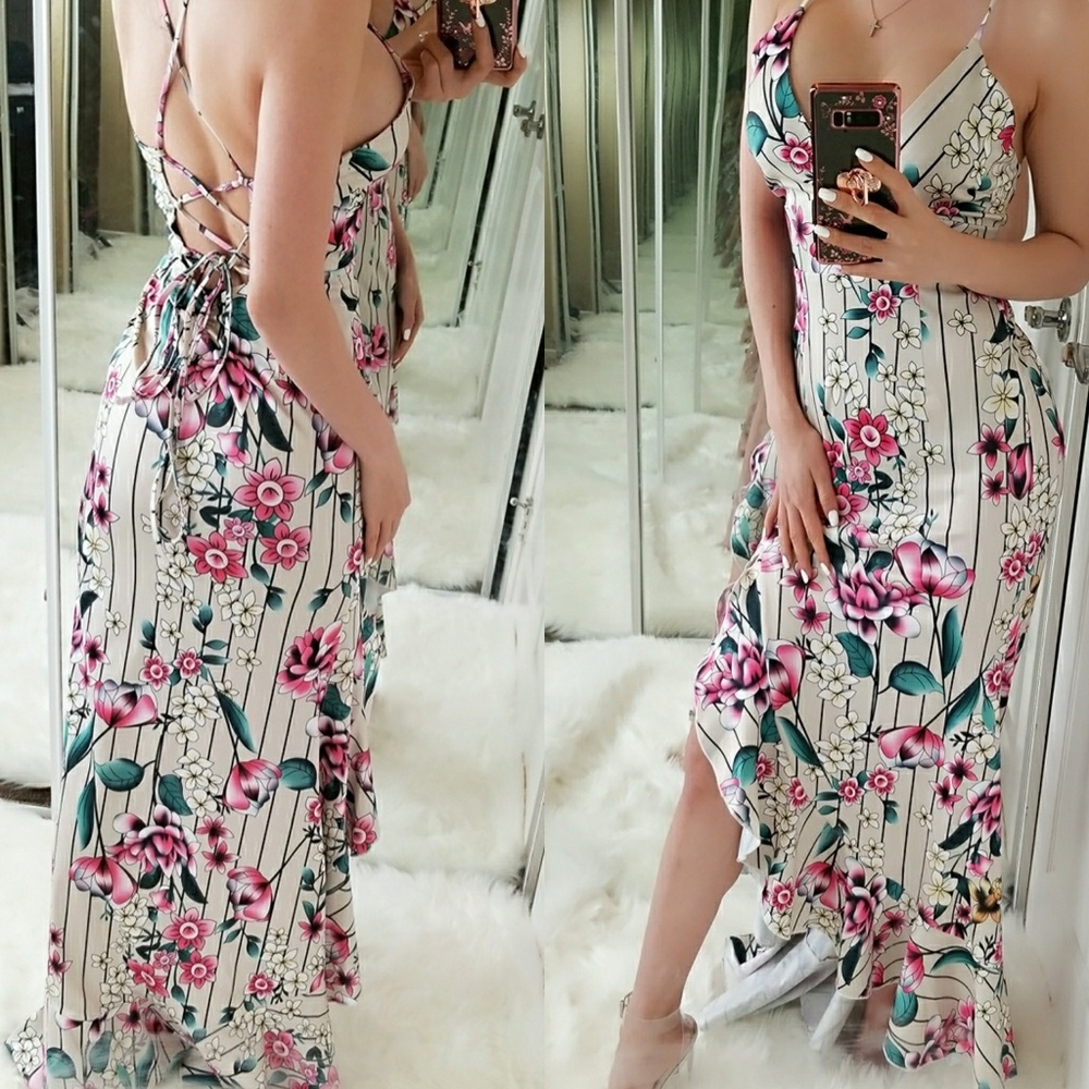 Floral Maxi Ruffles Front Slit Dress Gown - Picture 6 of 6